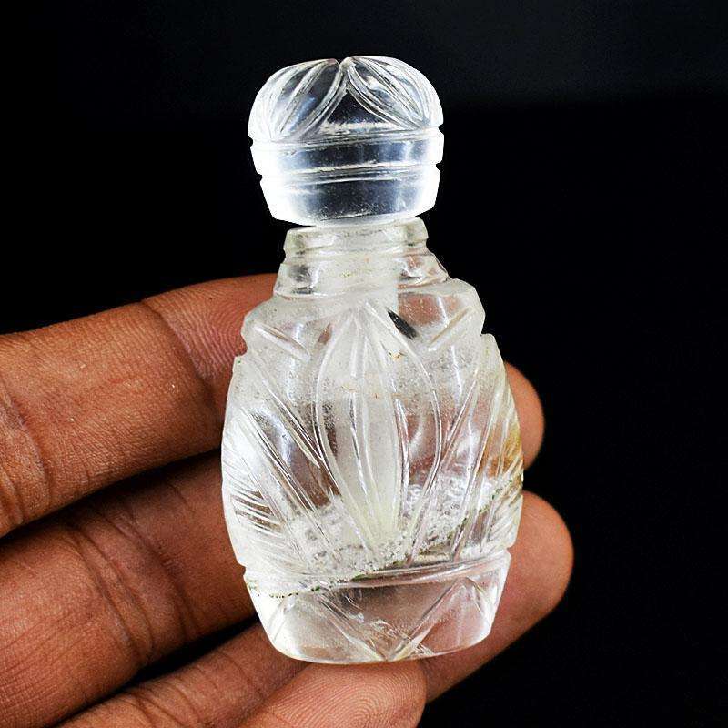 gemsmore:Natural White Quartz Hand Carved Genuine Crystal Gemstone Carving Perfume Bottle