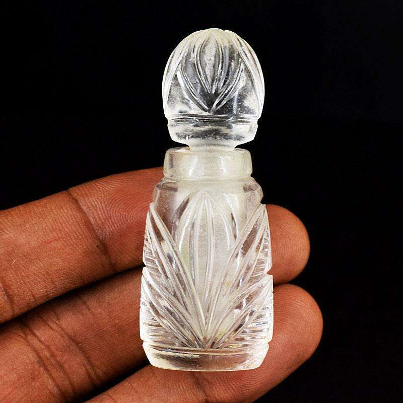 gemsmore:Natural White Quartz Hand Carved Genuine Crystal Gemstone Carving Perfume Bottle