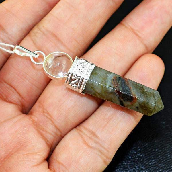 gemsmore:Natural White Quartz & Labradorite Crystal Healing Ball Point Pendant