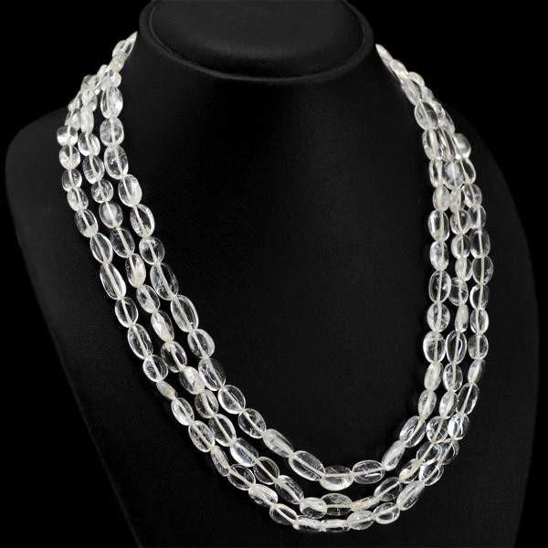 gemsmore:Natural White Quartz Necklace 3 Strand Oval Shape Beads