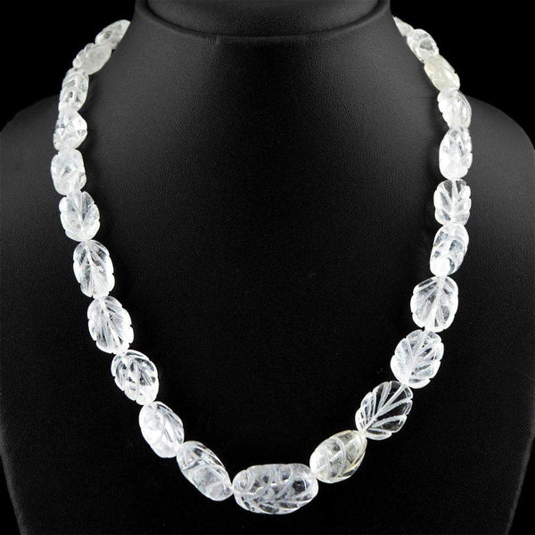 gemsmore:Natural White Quartz Necklace Single Strand Carved Beads
