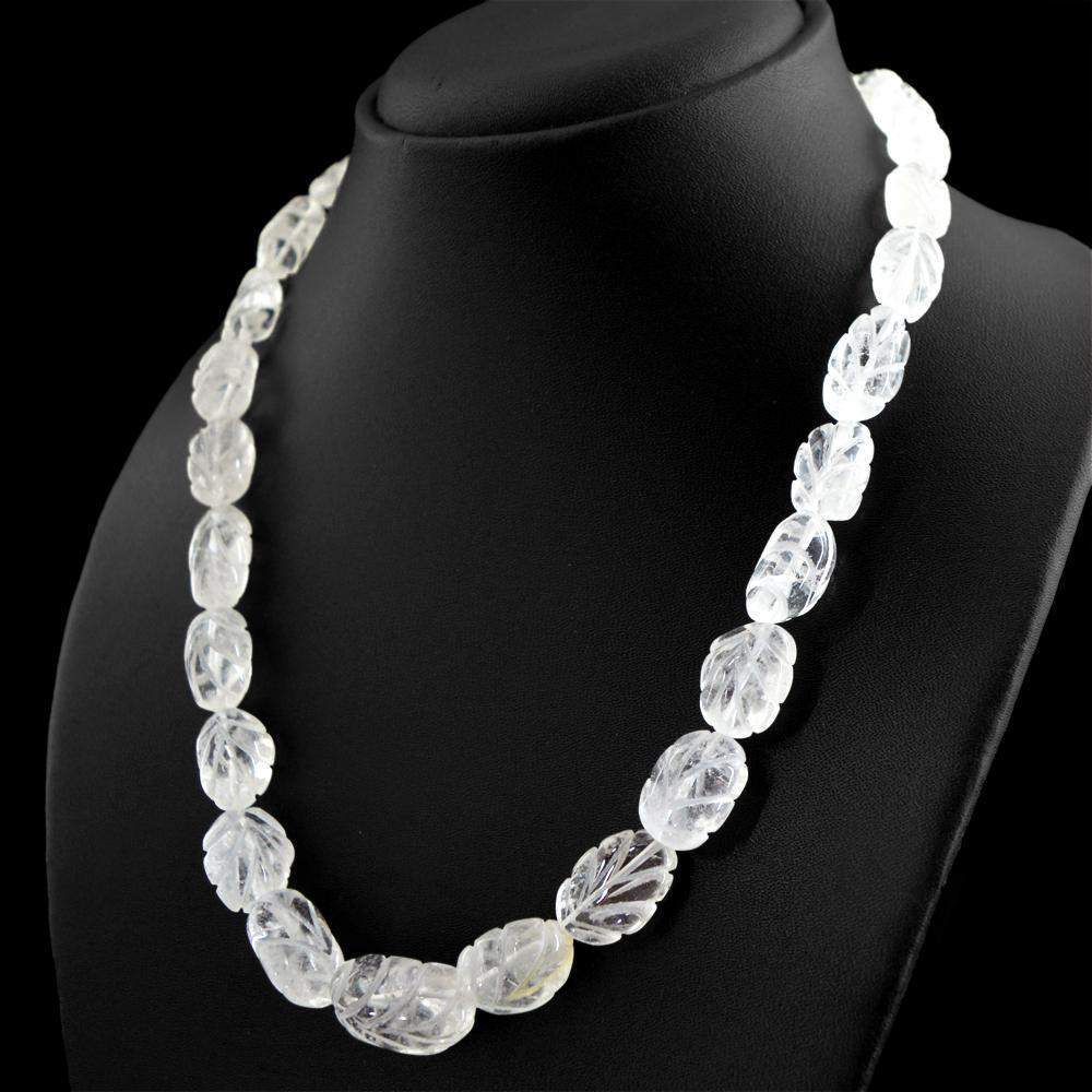 gemsmore:Natural White Quartz Necklace Single Strand Carved Beads