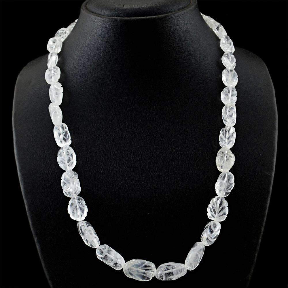 gemsmore:Natural White Quartz Necklace Untreated Carved Beads