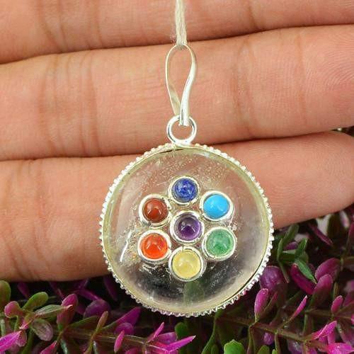 gemsmore:Natural White Quartz Seven Chakra Healing Pendant