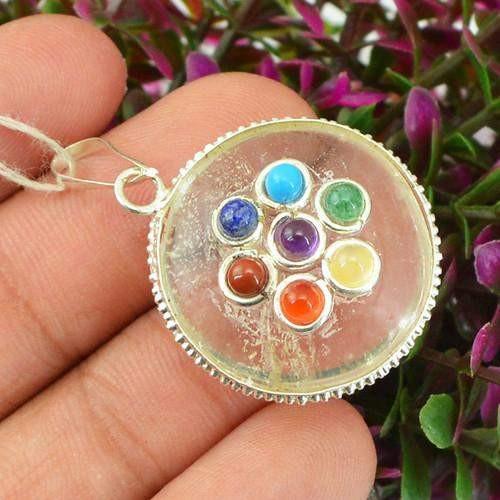 gemsmore:Natural White Quartz Seven Chakra Healing Pendant