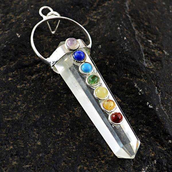 gemsmore:Natural White Quartz Seven Chakra Healing Point Pendant