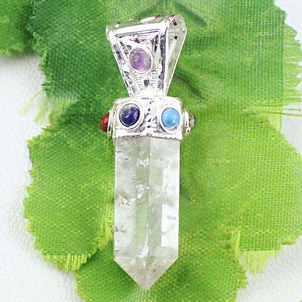 gemsmore:Natural White Quartz Seven Chakra Healing Point Pendant