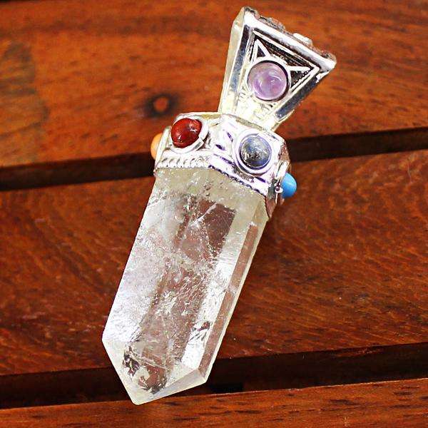 gemsmore:Natural White Quartz Seven Chakra Healing Point Pendant