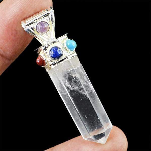 gemsmore:Natural White Quartz Seven Chakra Reiki Healing Point Pendant