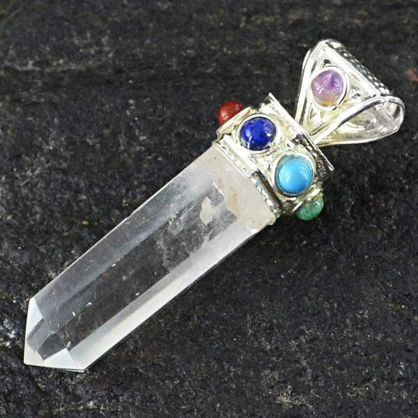 gemsmore:Natural White Quartz Seven Chakra Reiki Healing Point Pendant