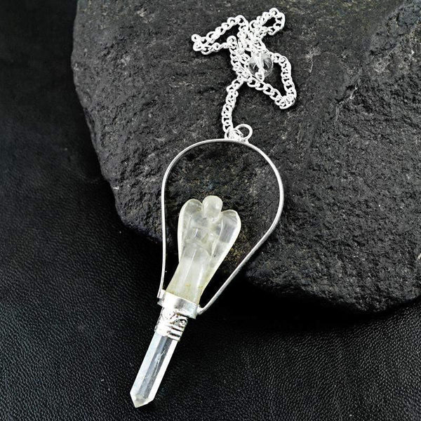 gemsmore:Natural White Quartz Untreated Carved Angel Healing Point Pendulum