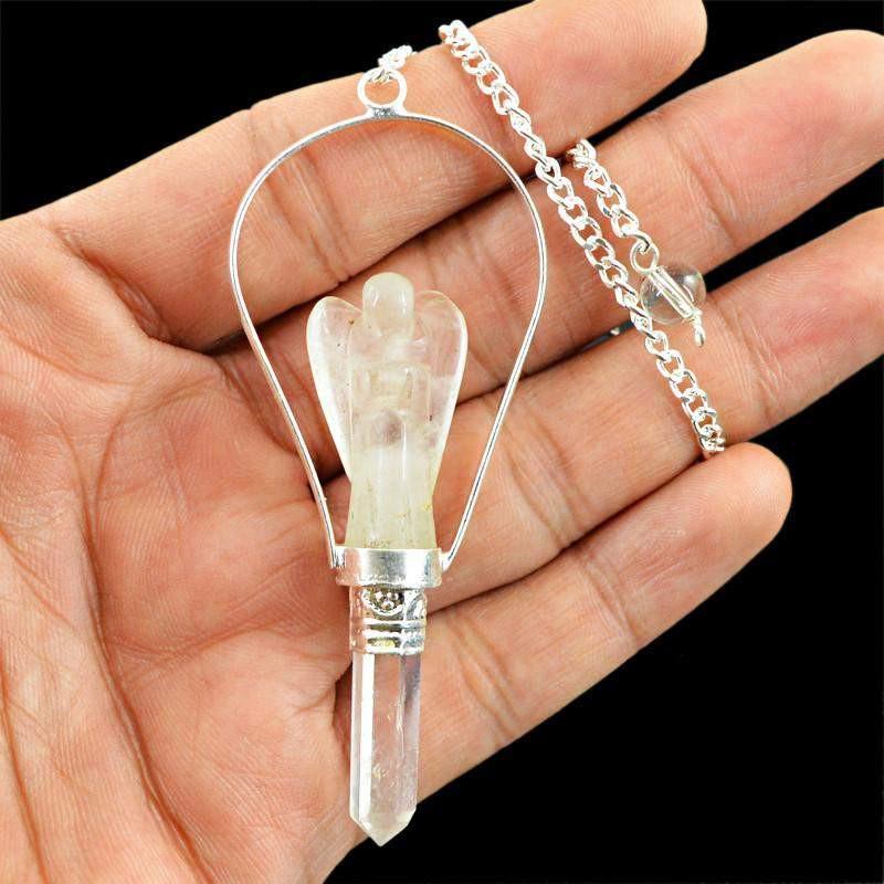 gemsmore:Natural White Quartz Untreated Carved Angel Healing Point Pendulum