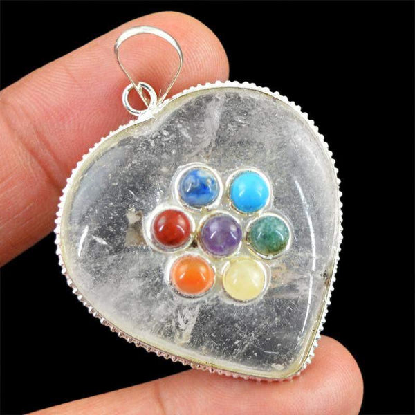 gemsmore:Natural White Quartz Untreated Heart Shape Seven Chakra Healing Pendant