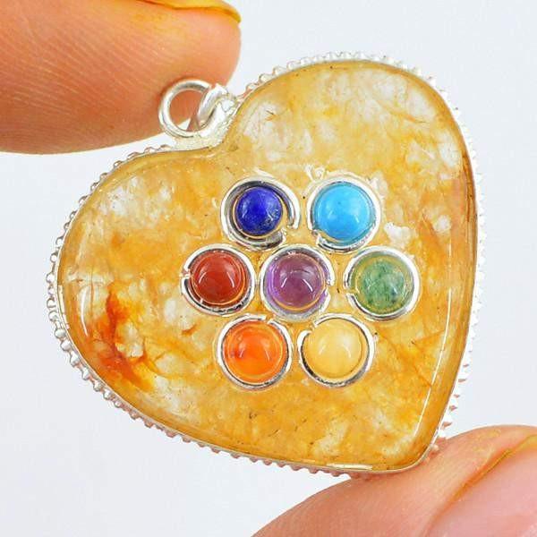 gemsmore:Natural Yellow Aventurine Seven Chakra Heart Shape Healing Pendant