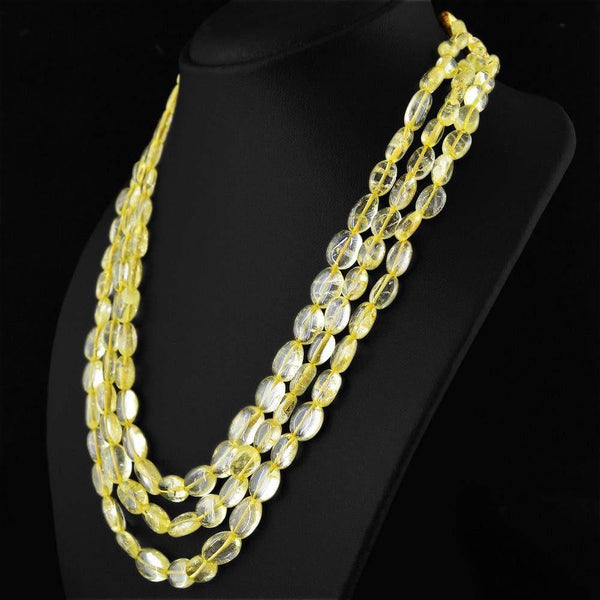 gemsmore:Natural Yellow Citrine Necklace 3 Strand Untreated Oval Beads