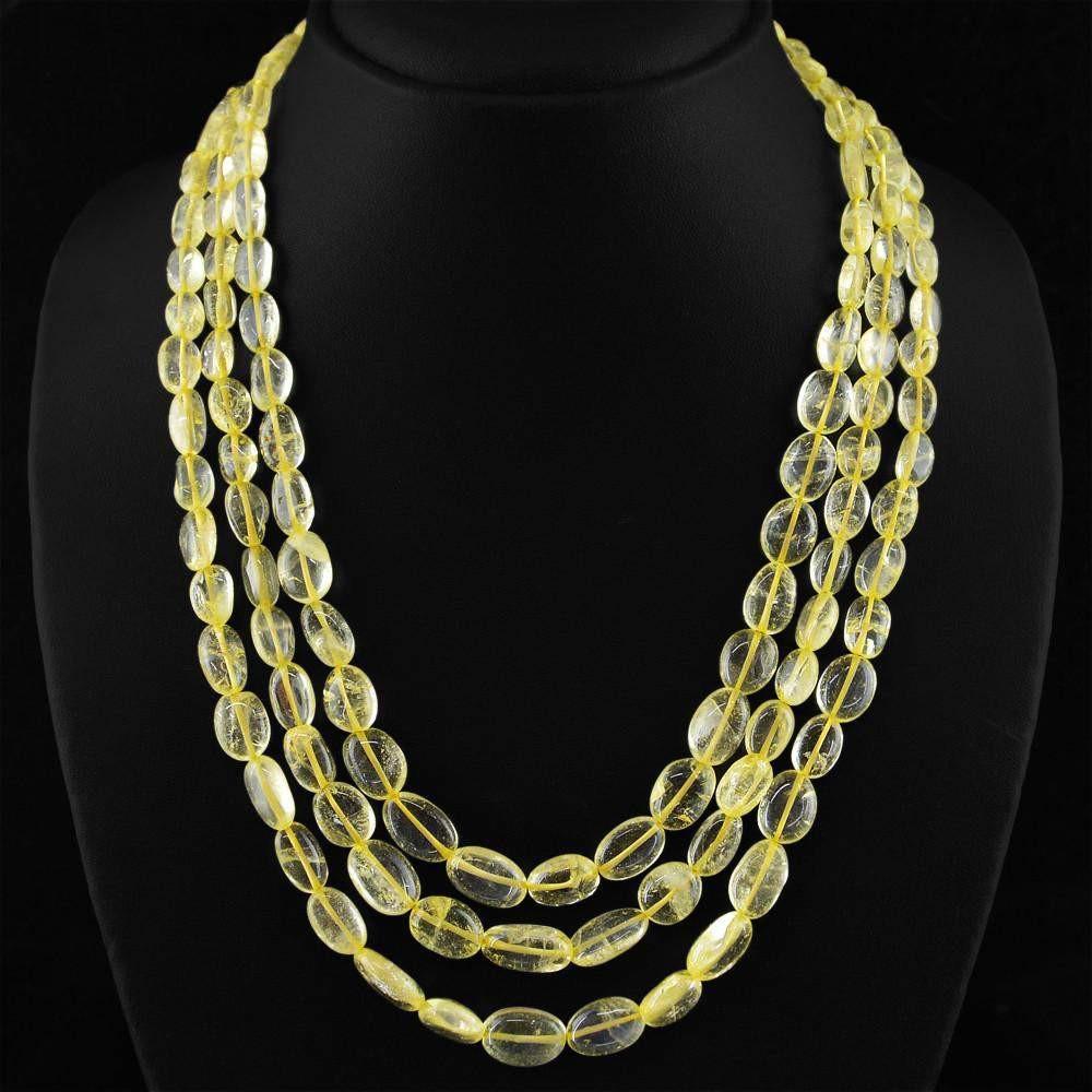 gemsmore:Natural Yellow Citrine Necklace 3 Strand Untreated Oval Beads