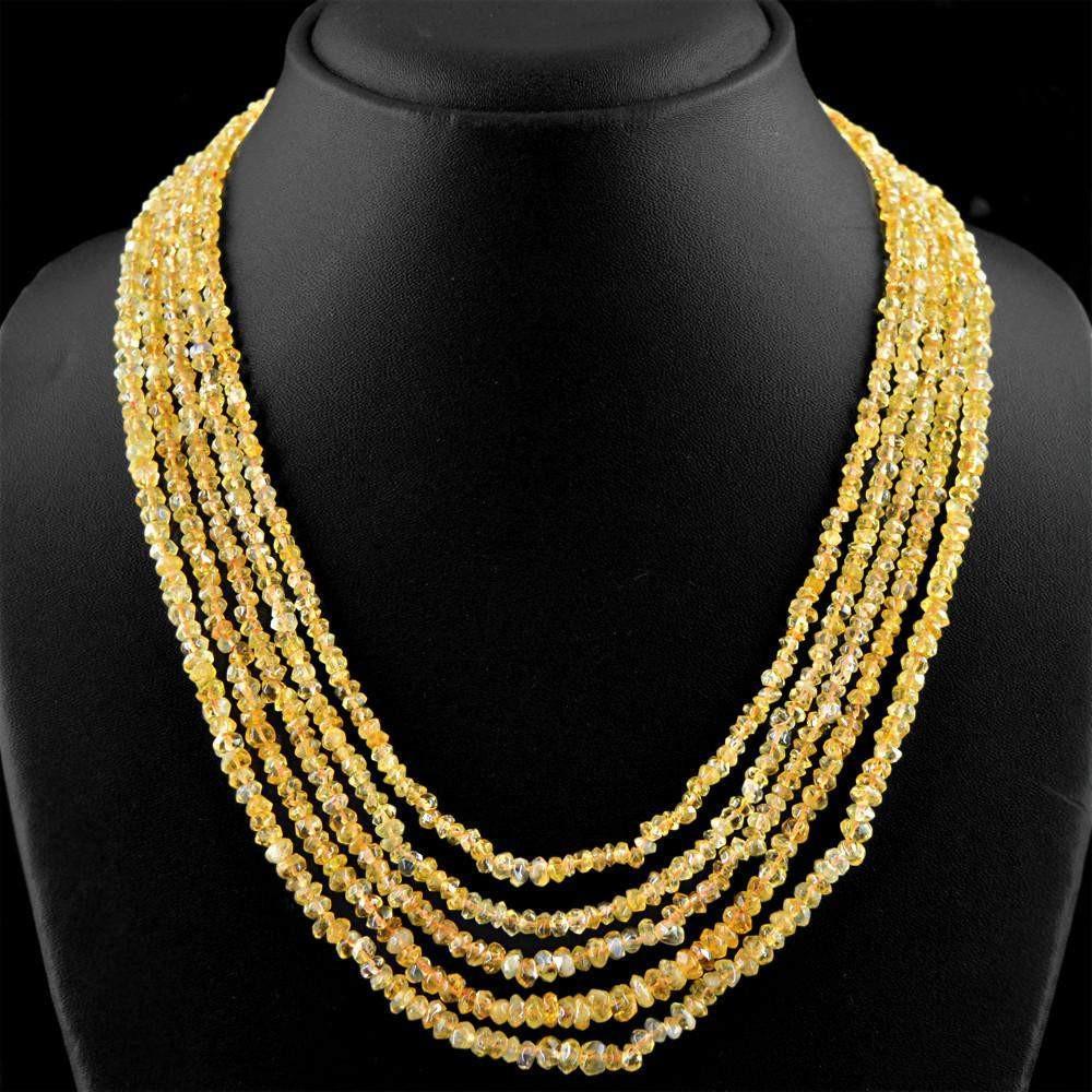 gemsmore:Natural Yellow Citrine Necklace 5 Strand Faceted Beads