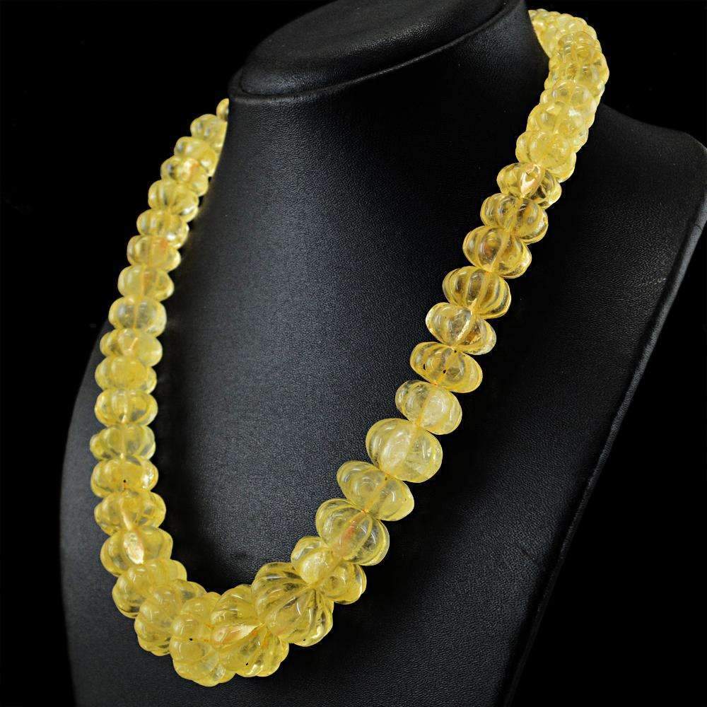 gemsmore:Natural Yellow Citrine Necklace Round Shape Flower Carved Beads