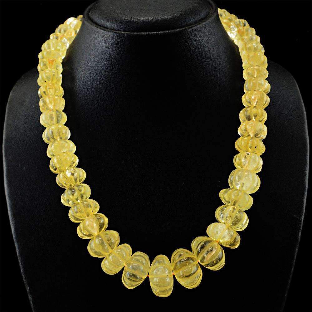 gemsmore:Natural Yellow Citrine Necklace Round Shape Flower Carved Beads