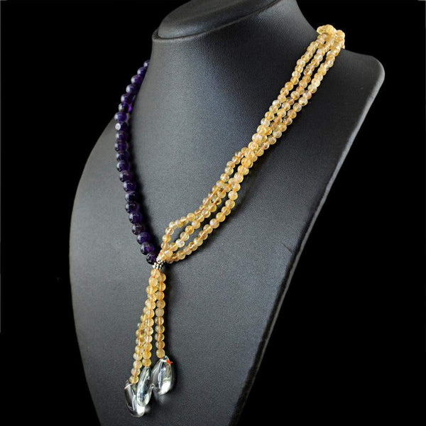 gemsmore:Natural Yellow Citrine & Purple Amethyst Necklace Untreated Round Beads