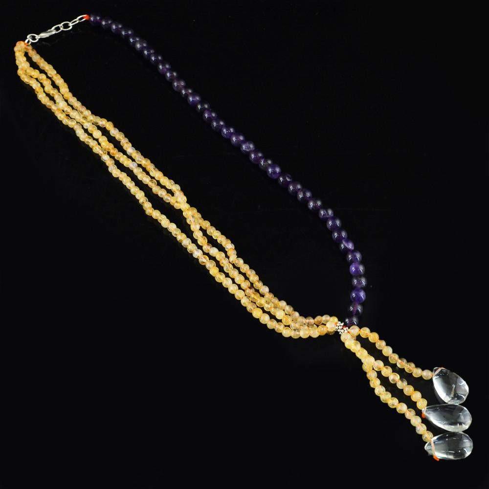 gemsmore:Natural Yellow Citrine & Purple Amethyst Necklace Untreated Round Beads