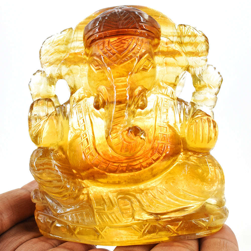 gemsmore:Natural  Yellow Fluorite Hand Carved Genuine Crystal Lord Ganesha
