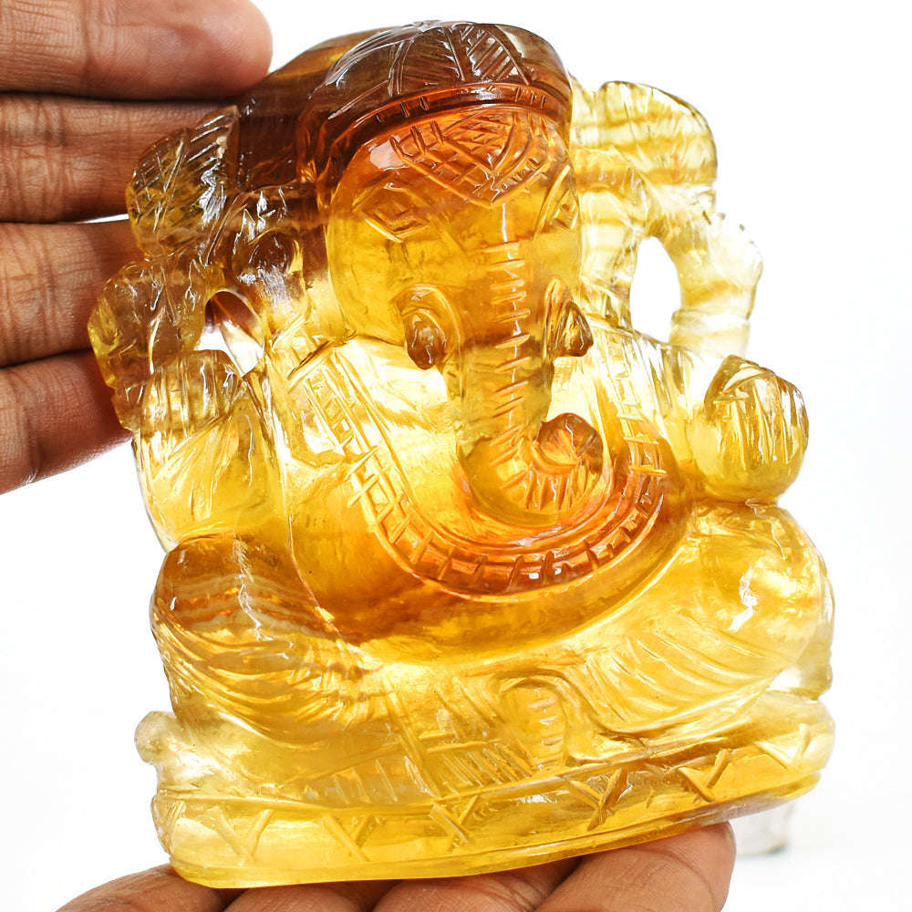 gemsmore:Natural  Yellow Fluorite Hand Carved Genuine Crystal Lord Ganesha