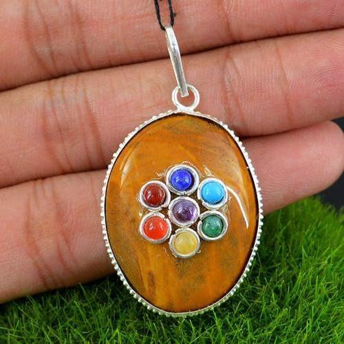 gemsmore:Natural Yellow Jasper Seven Chakra Healing Pendant