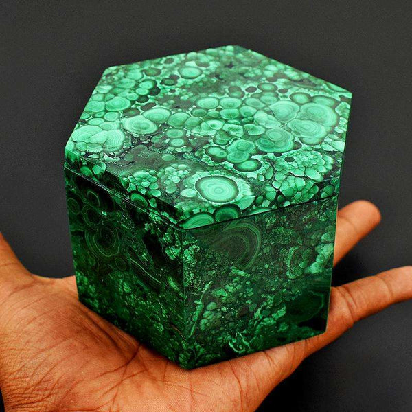 gemsmore:New in stock - - Hexagon Style Malachite gem Box - Hand Carved