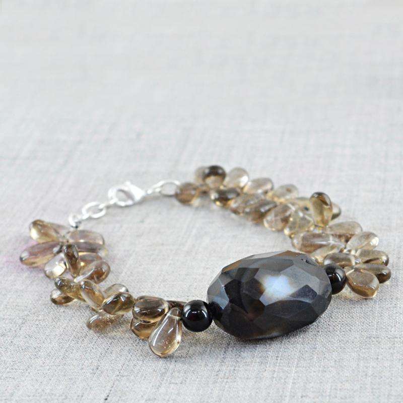 gemsmore:Onyx & Smoky Quartz Bracelet Natural Pear Shape Beads