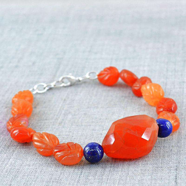gemsmore:Orange Carnelian & Blue Lapis Lazuli Bracelet - Natural Pear Carved Beads