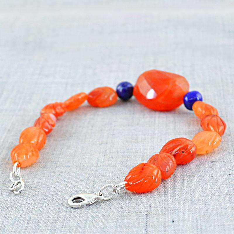 gemsmore:Orange Carnelian & Blue Lapis Lazuli Bracelet - Natural Pear Carved Beads