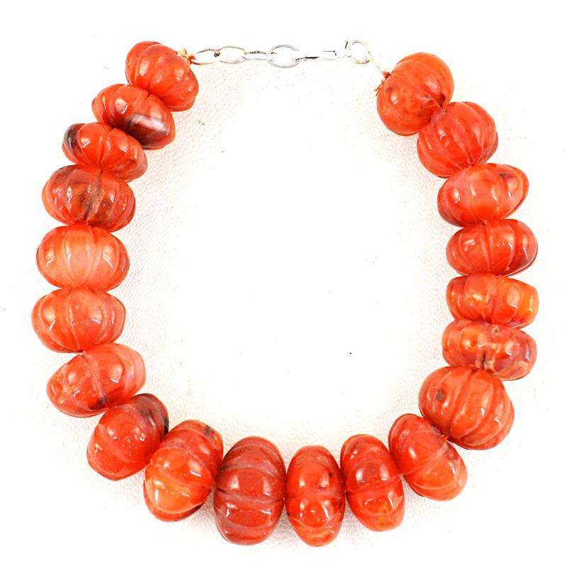 gemsmore:Orange Carnelian Carved Beads Bracelet Natural Round Shape