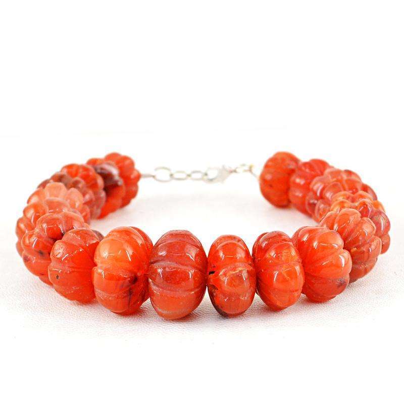 gemsmore:Orange Carnelian Carved Beads Bracelet Natural Round Shape