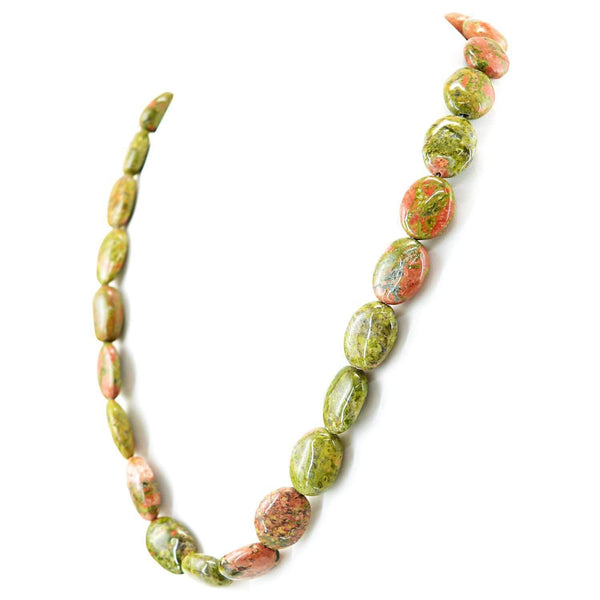gemsmore:Oval Shape Blood Green Unakite Necklace Natural Untreated Beads