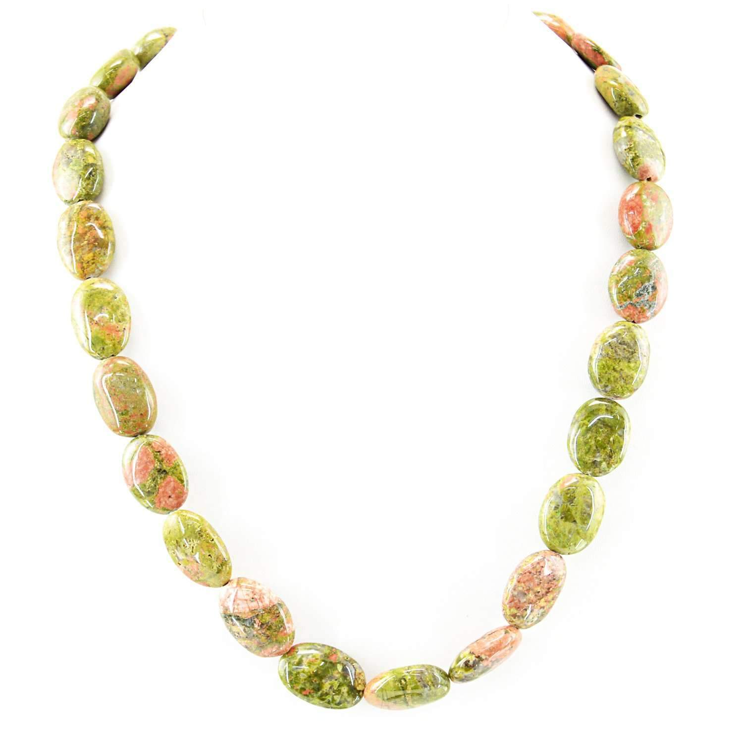 gemsmore:Oval Shape Blood Green Unakite Necklace Natural Untreated Beads