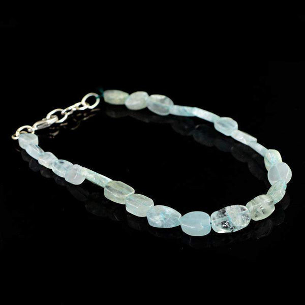 gemsmore:Oval Shape Blue Aquamarine Bracelet Natural Untreated Beads