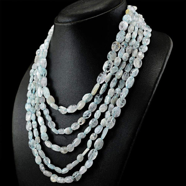 gemsmore:Oval Shape Blue Aquamarine Necklace Natural 5 Line Untreated Beads