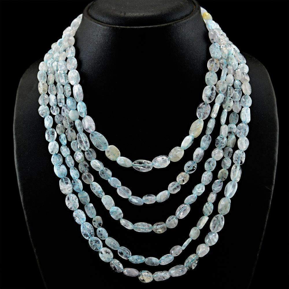 gemsmore:Oval Shape Blue Aquamarine Necklace Natural 5 Line Untreated Beads
