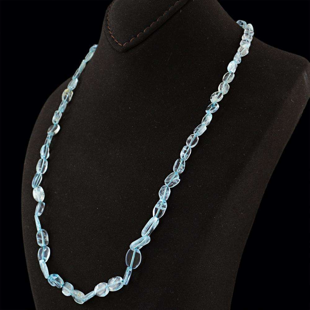 gemsmore:Oval Shape Blue Aquamarine Necklace Natural Untreated Beads