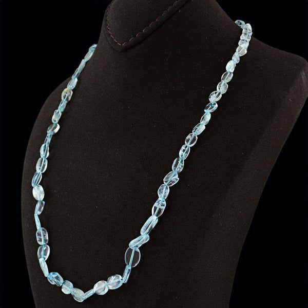 gemsmore:Oval Shape Blue Aquamarine Necklace Natural Untreated Beads
