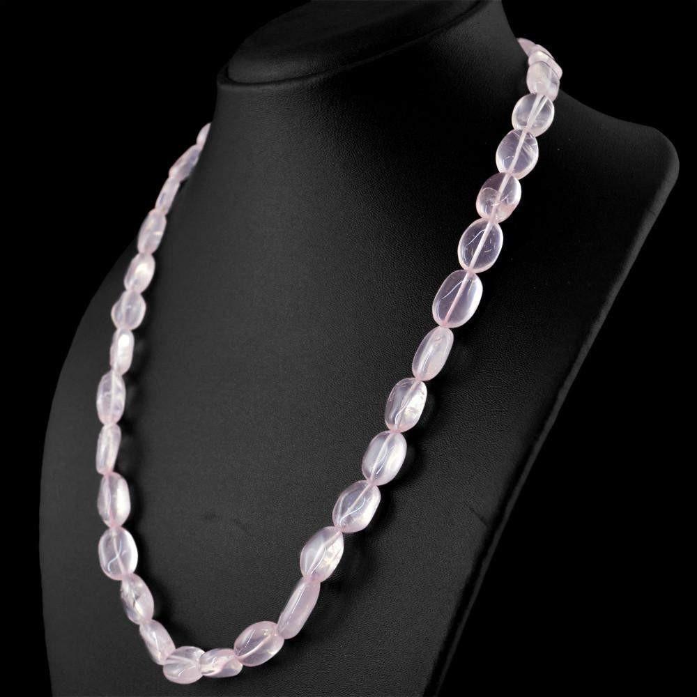 gemsmore:Oval Shape Pink Rose Quartz Necklace Natural Untreated Beads