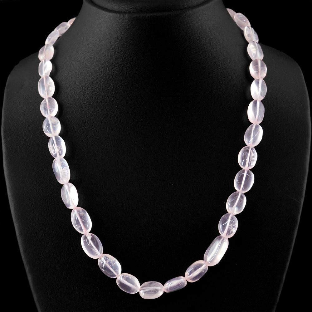 gemsmore:Oval Shape Pink Rose Quartz Necklace Natural Untreated Beads