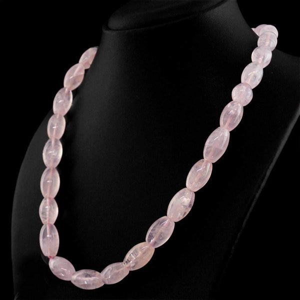 gemsmore:Oval Shape Pink Rose Quartz Necklace Natural Untreated Beads