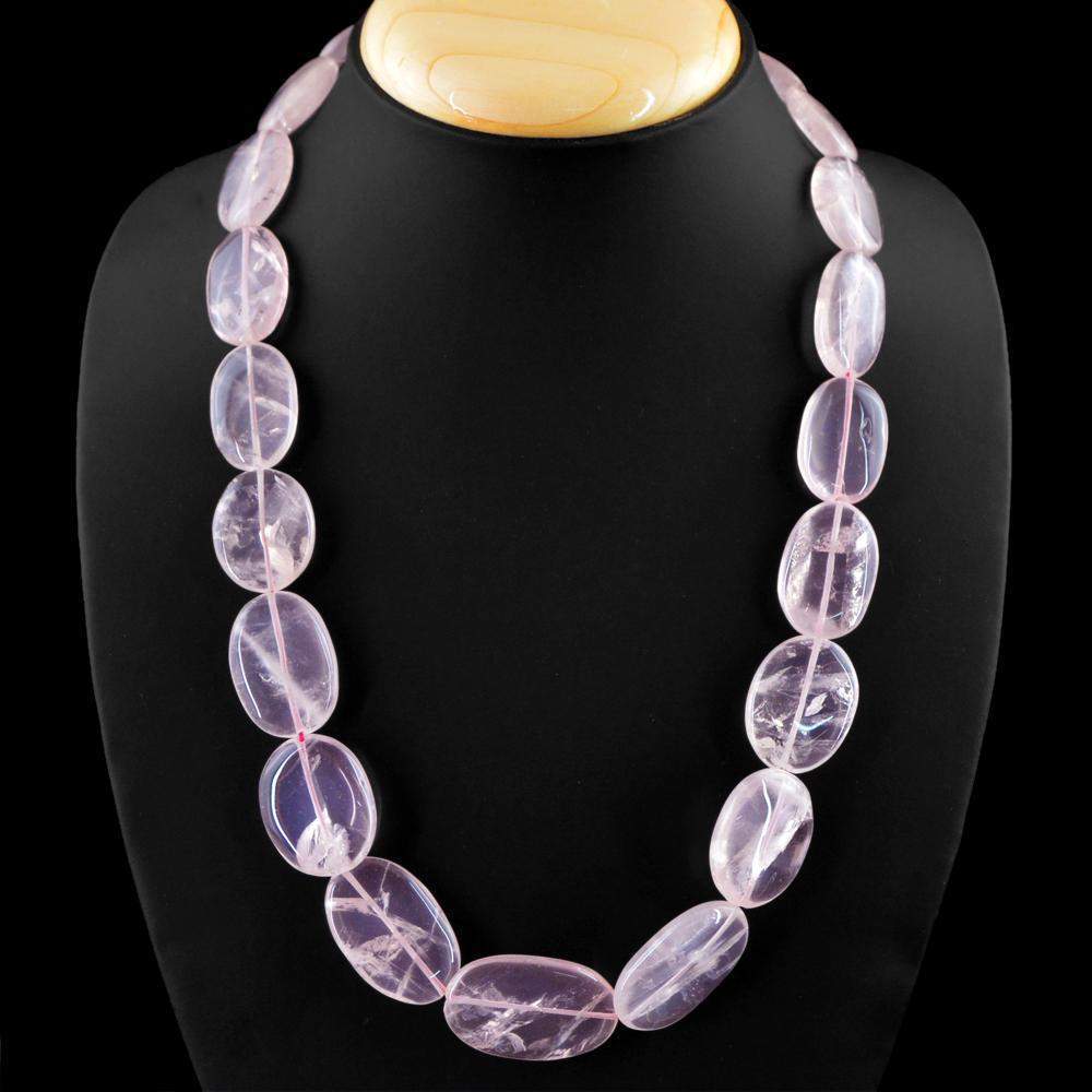 gemsmore:Oval Shape Pink Rose Quartz Necklace Natural Untreated Beads