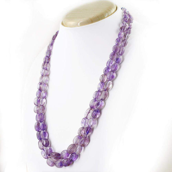 gemsmore:Oval Shape Purple Amethyst Necklace Natural 2 Line Untreated Beads