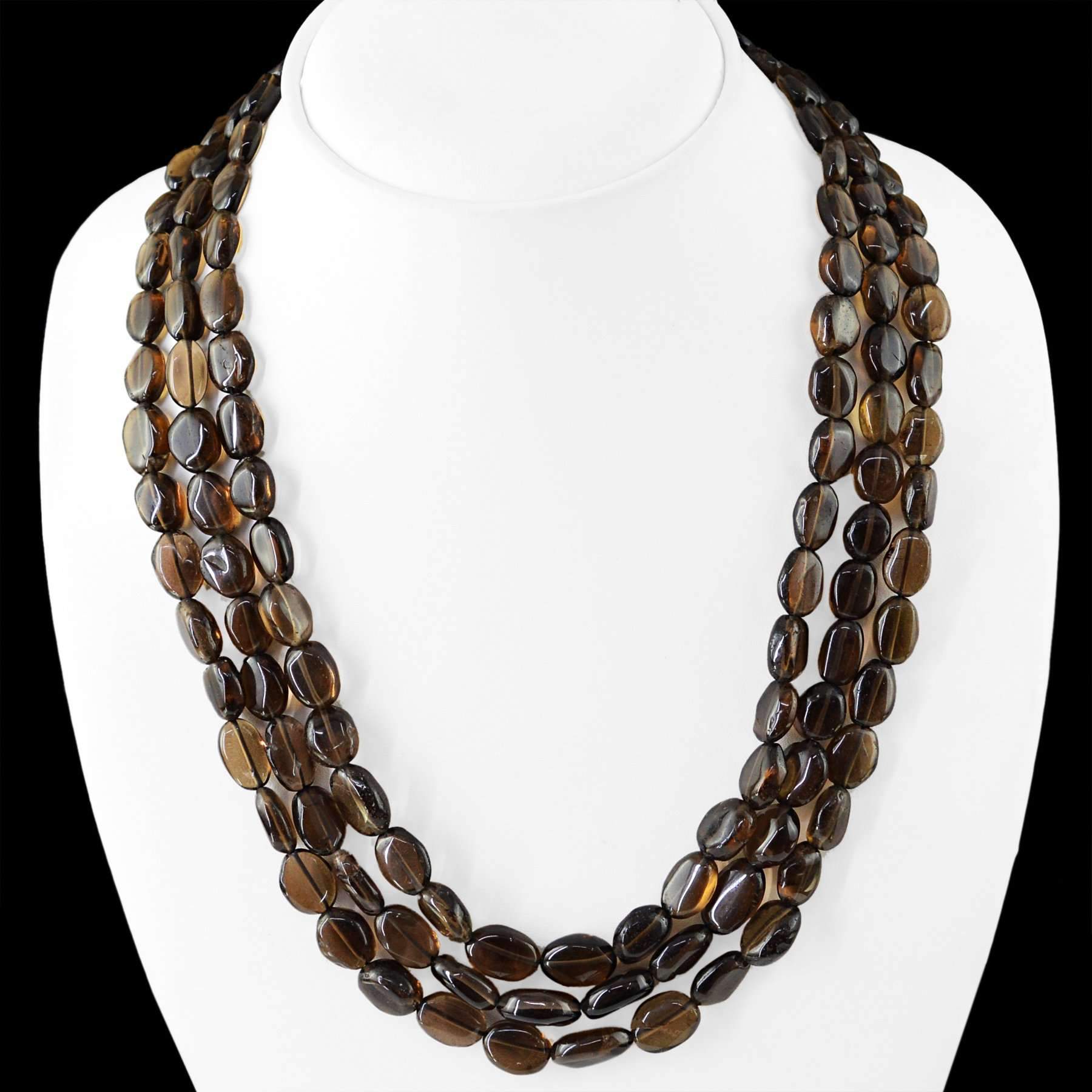 gemsmore:Oval Shape Smoky Quartz Necklace Natural 3 Line Untreated Beads