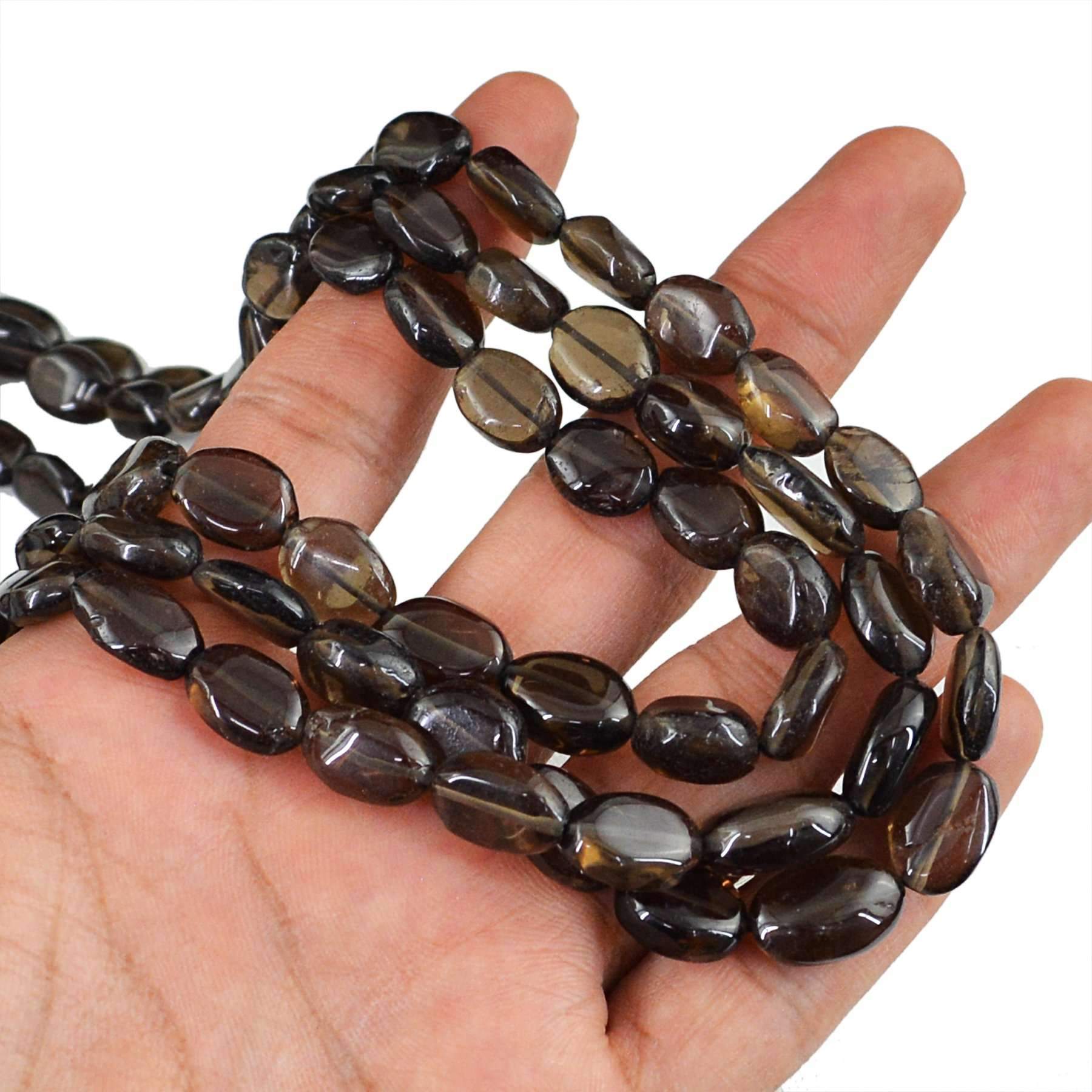 gemsmore:Oval Shape Smoky Quartz Necklace Natural 3 Line Untreated Beads