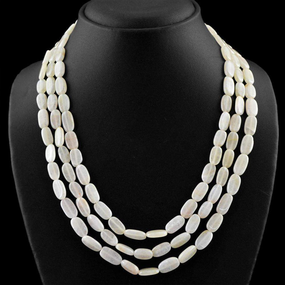 gemsmore:Oval Shape White Agate Necklace Natural 3 Line Untreated Beads