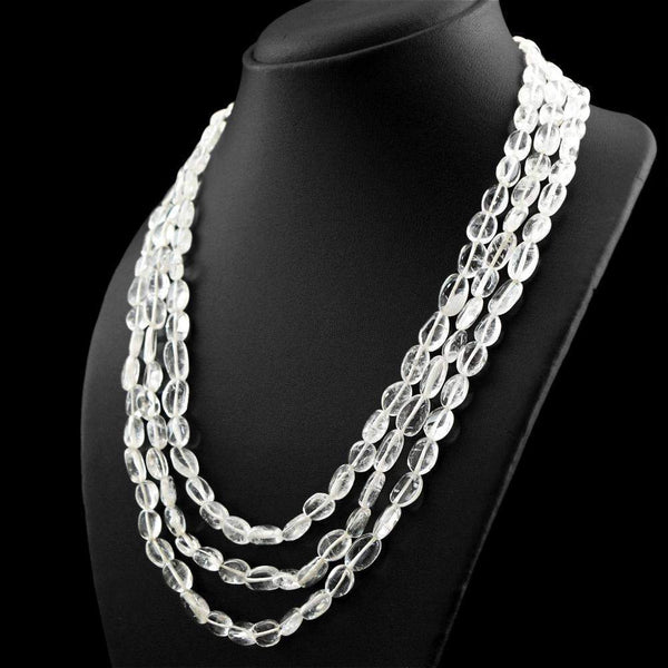 gemsmore:Oval Shape White Quartz Necklace Natural 3 Line Untreated Beads